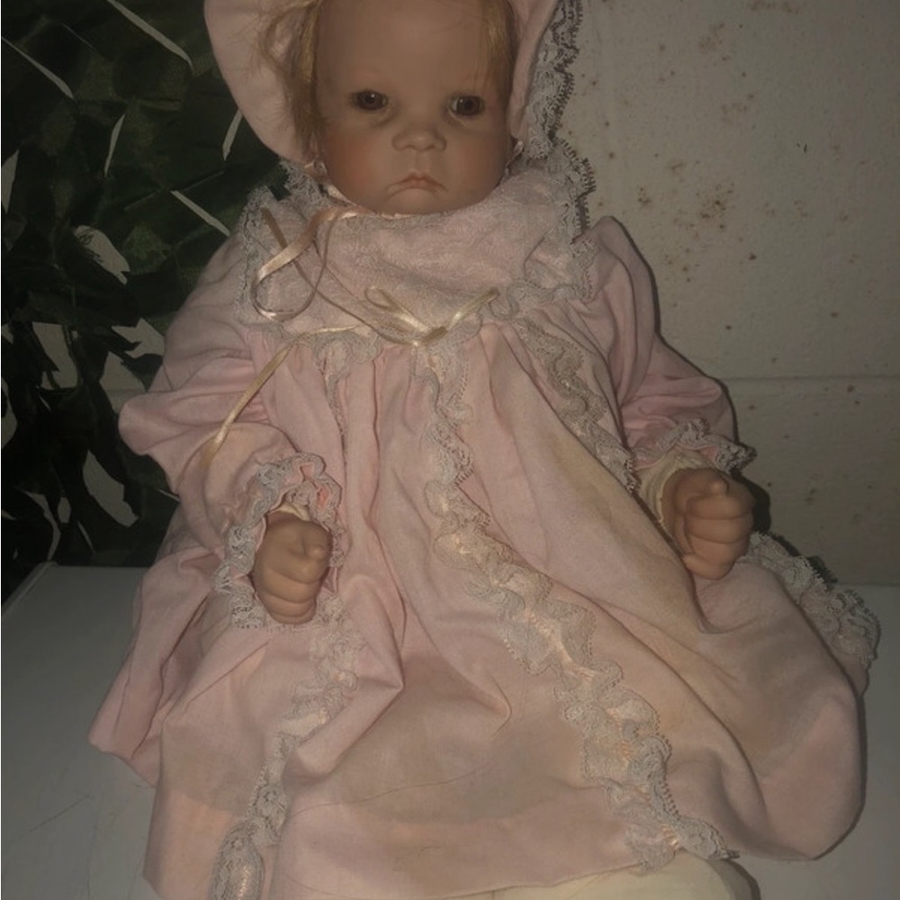 Vintage Classic Pink Baby Doll in Pink Dress and Bonnet